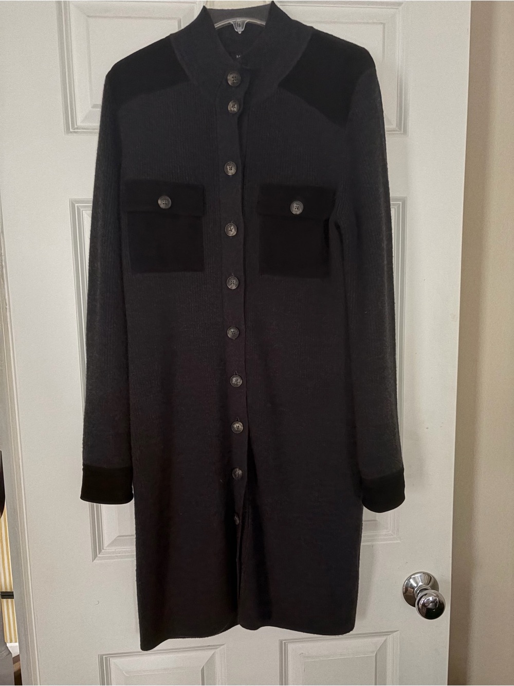 Long Button-Front Black Knit Dress with Patch Pockets..100% merino wool